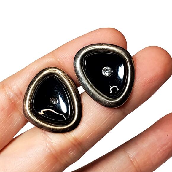 Silver Tone Clear Rhinestone Black Cufflinks .5" Vtg Unsigned - Picture 1 of 3